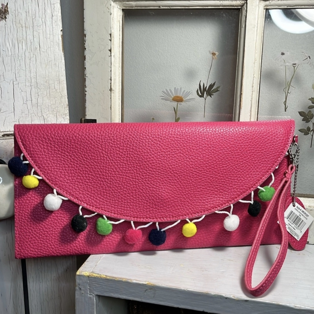 Mainstreet Collection | Pink Pom Pom Vegan Leather Clutch NWT